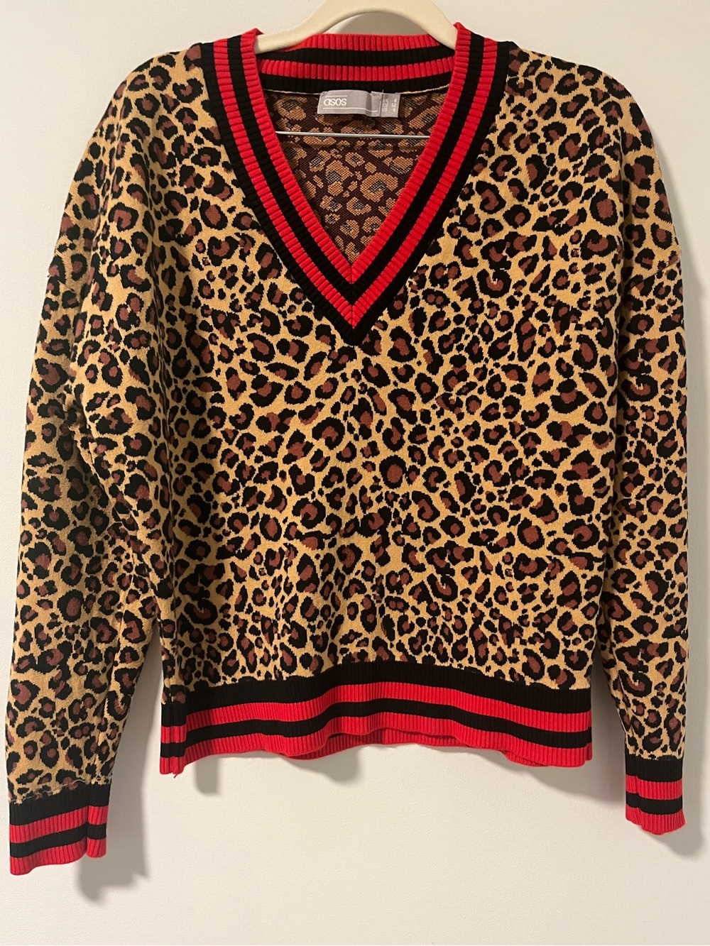 ASOS Leopard Print V-Neck Sweater with Red and Black Trim